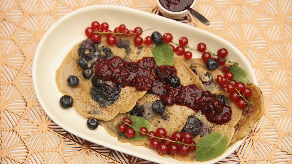 Sweet and healthy alkaline vegan Blue berry pancakes made with spelt-flower...